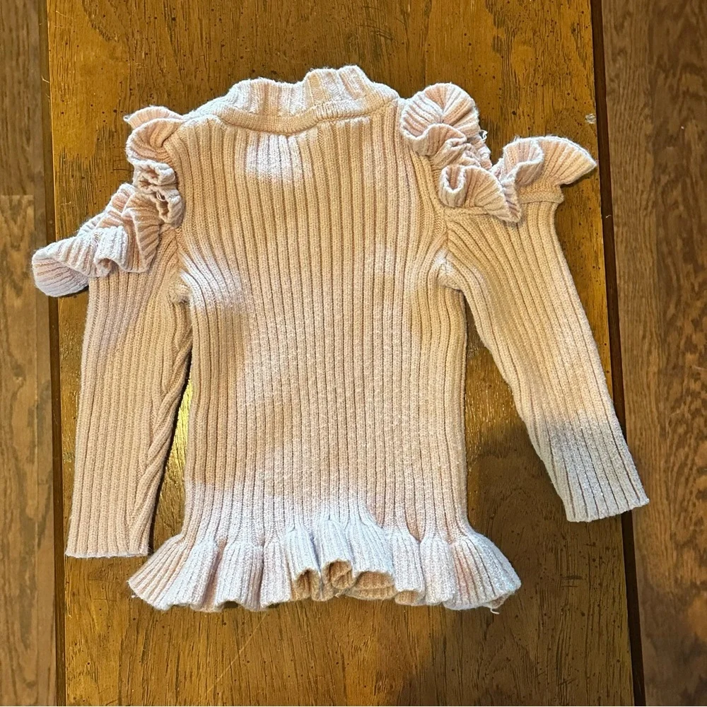 Dash of Glitter Ruffled Pink Girls Sweater with Cut Out Shoulders size XSmall